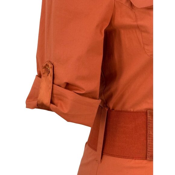 Vintage Y2K Bebe Rust Orange Belted Mini Shirt Dress w/Pockets & Satin Trim S - Picture 9 of 16